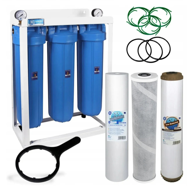 3 Stage Big Blue 20" Water purifier dechlorinator and iron reducing filter kit