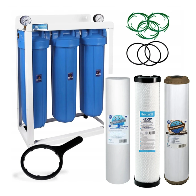 3 Stage Big Blue 20" Water purifier dechlorinator and iron reducing filter kit
