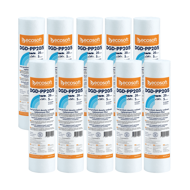 10pk Ecosoft dual gradient PP sediment filter, 2.5″×10″, 20-5 micron Sediment Cartridge Ecosoft