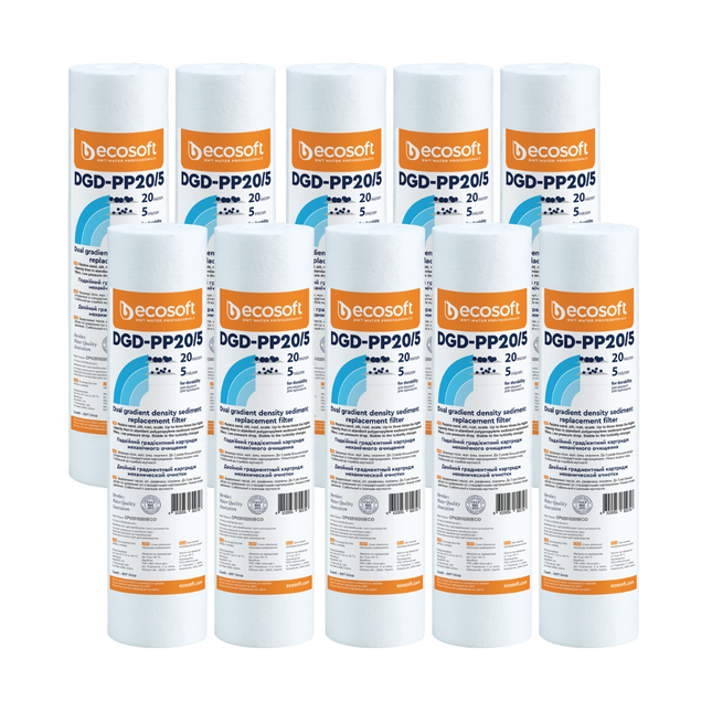 10pk Ecosoft dual gradient PP sediment filter, 2.5″×10″, 20-5 micron Sediment Cartridge Ecosoft