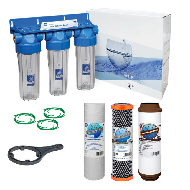 3 Stage 10" Water purifier dechlorinator and iron reducing filter kit 3/4" Ports Whole House System Aquafilter   