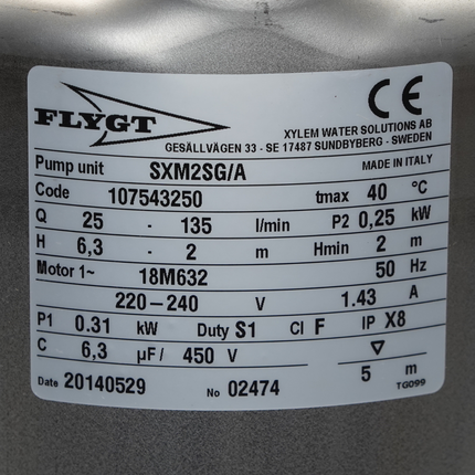 Flygt Submersible Electric Pump SXM2/A Flygt 0.25kW 135l/m Pond Pump Flygt