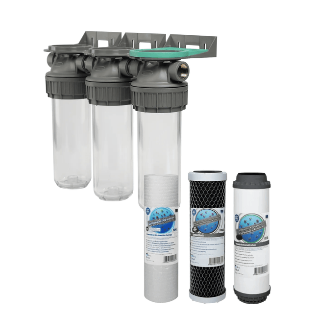 3 Stage 10" Water purifier and dechlorinator filter kit 1/2" Ports - GroAqua