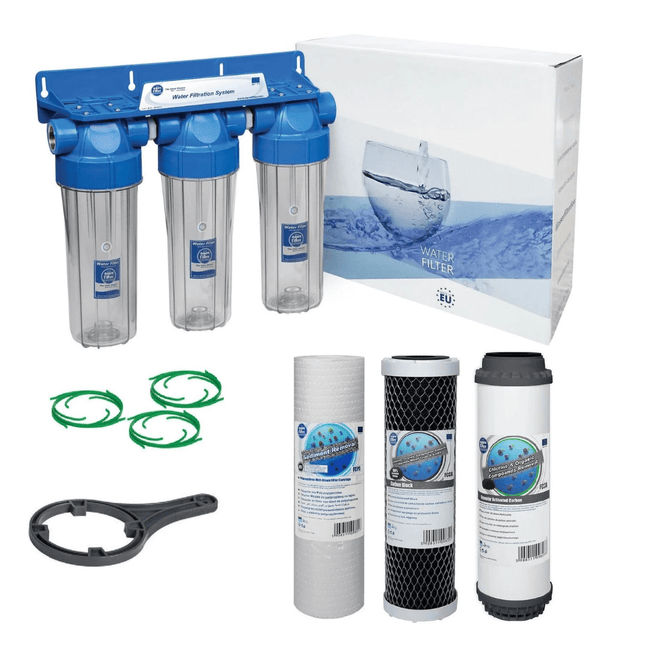 3 Stage 10" Water purifier and dechlorinator filter kit 1/2" Ports Whole House System Aquafilter