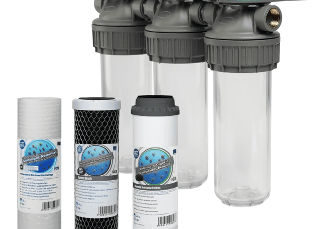 3 Stage 10" Water purifier and dechlorinator filter kit 1/2" Ports - GroAqua