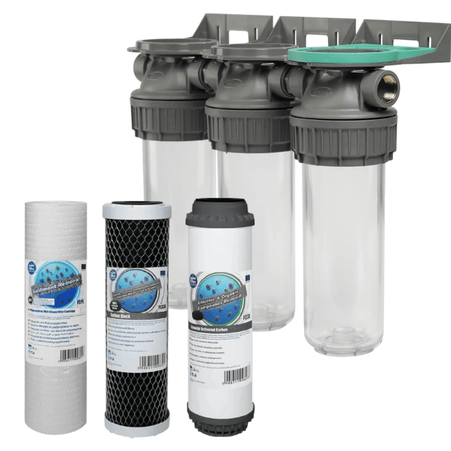 3 Stage 10" Water purifier and dechlorinator filter kit 1/2" Ports - GroAqua