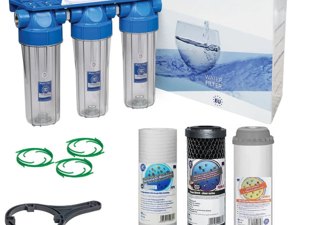 3 Stage 10" Water purifier and dechlorinator filter kit 3/4" - GroAqua
