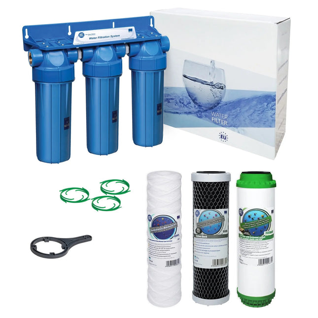 3 Stage 10" Water purifier and dechlorinator filter kit 3/4" - GroAqua