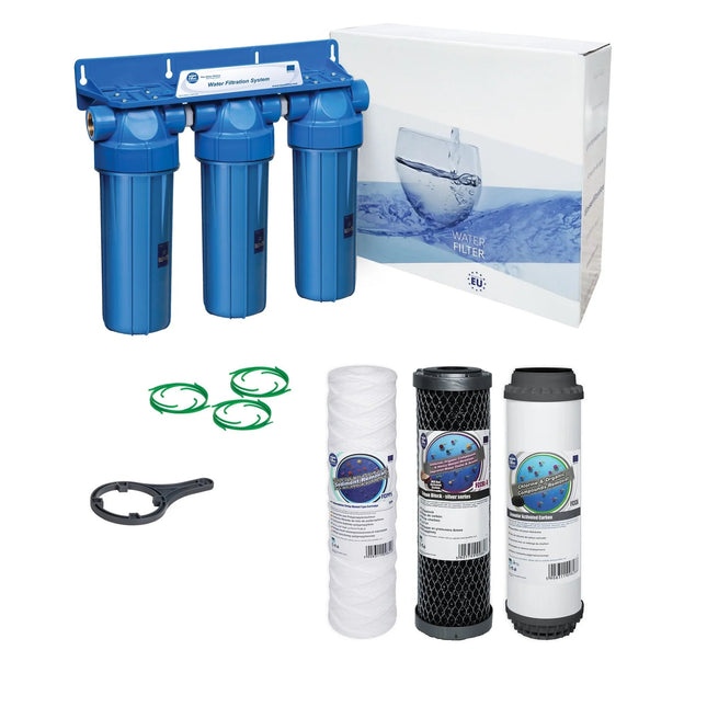3 Stage 10" Water purifier and dechlorinator filter kit 3/4" - GroAqua