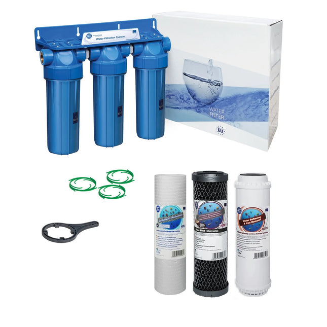 3 Stage 10" Water purifier and dechlorinator filter kit 3/4" - GroAqua