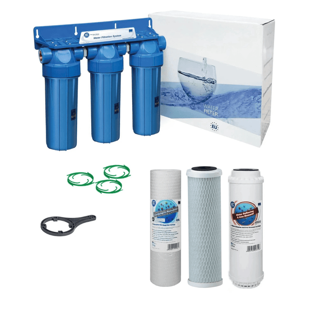 3 Stage 10" Water purifier and dechlorinator filter kit 3/4" - GroAqua