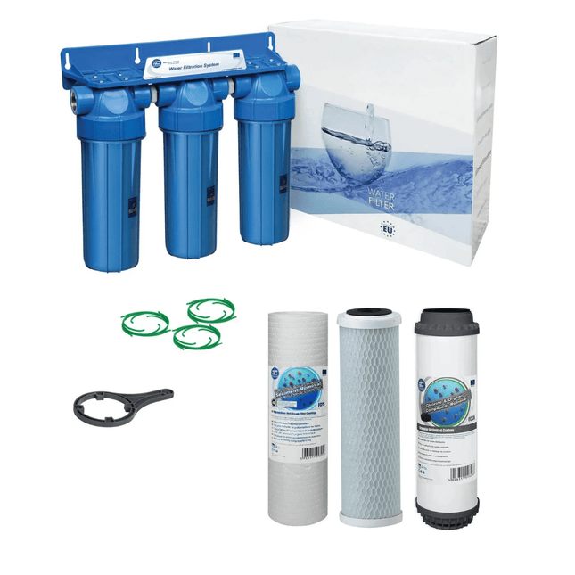 3 Stage 10" Water purifier and dechlorinator filter kit 3/4" - GroAqua