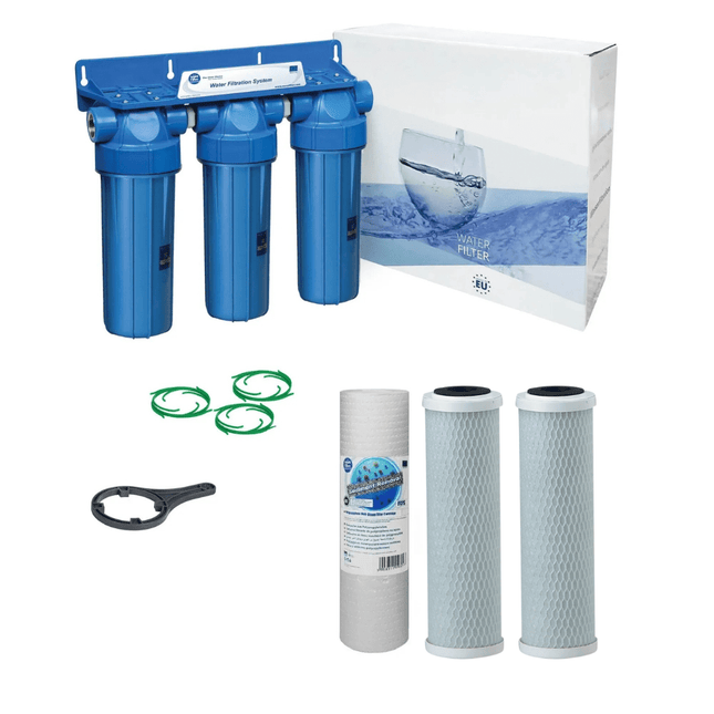3 Stage 10" Water purifier and dechlorinator filter kit 3/4" - GroAqua