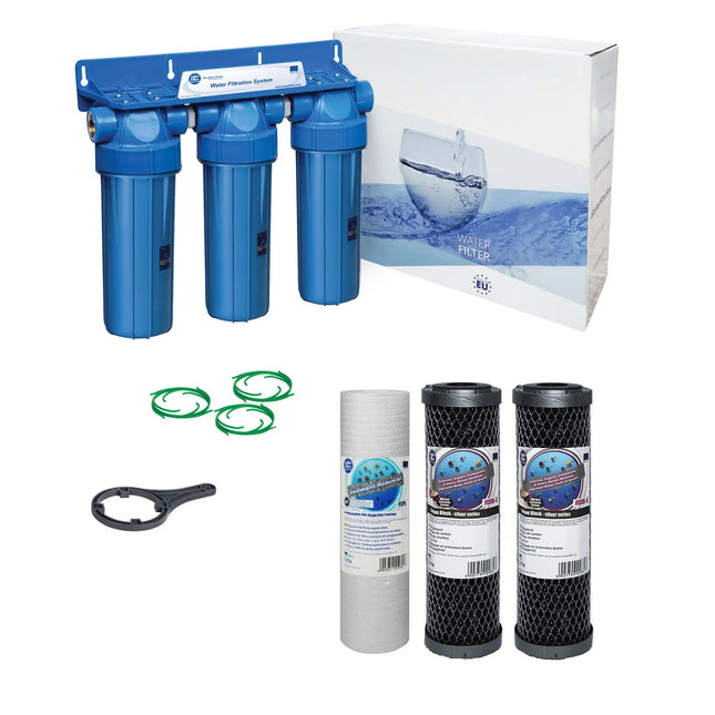 3 Stage 10" Water purifier and dechlorinator filter kit 3/4" - GroAqua