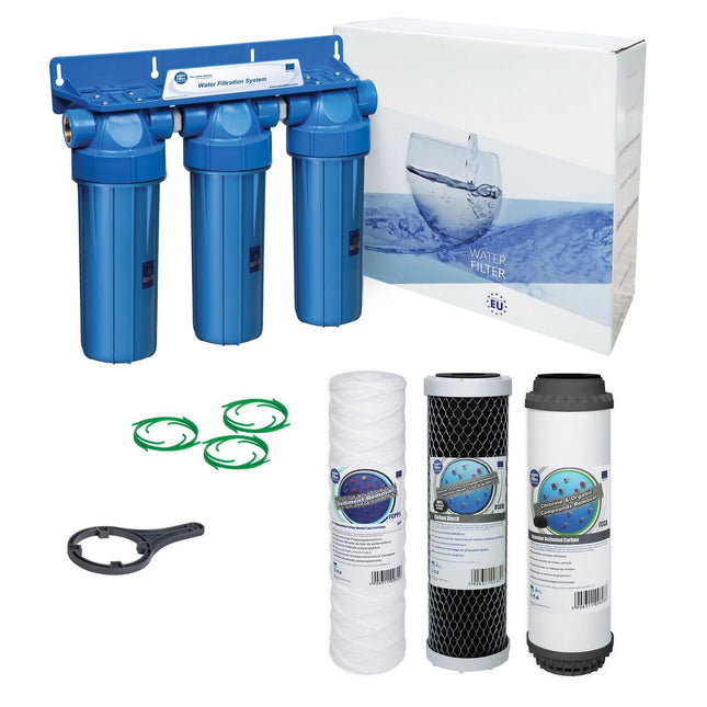 3 Stage 10" Water purifier and dechlorinator filter kit 3/4" - GroAqua