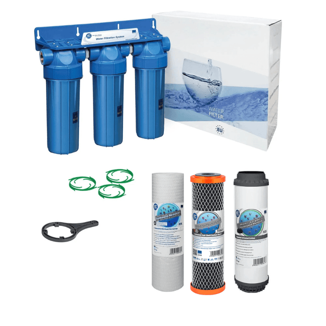 3 Stage 10" Water purifier and dechlorinator filter kit 3/4" - GroAqua