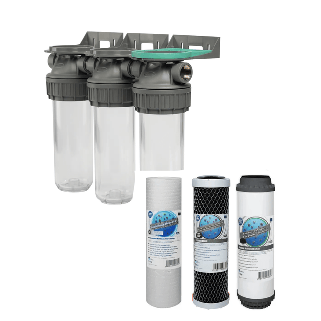 3 Stage 10" Water purifier and dechlorinator filter kit 3/4" Ports - GroAqua