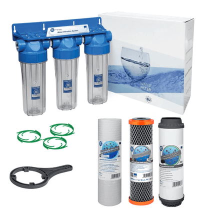 3 Stage 10" Water purifier and dechlorinator filter kit 3/4" Ports - GroAqua
