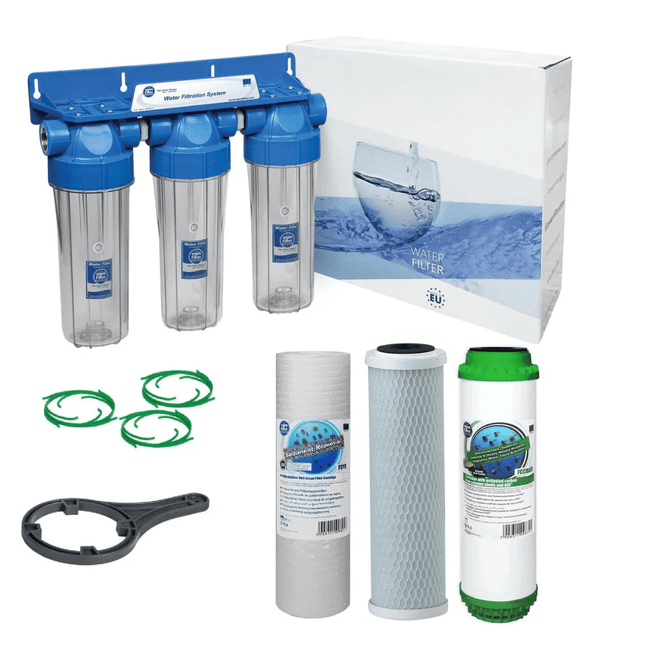 3 Stage 10" Water purifier and dechlorinator filter kit 3/4" Ports - GroAqua