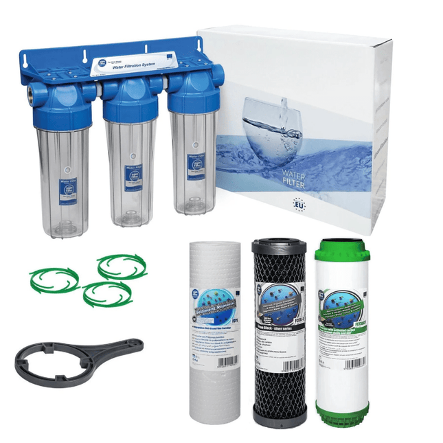 3 Stage 10" Water purifier and dechlorinator filter kit 3/4" Ports - GroAqua