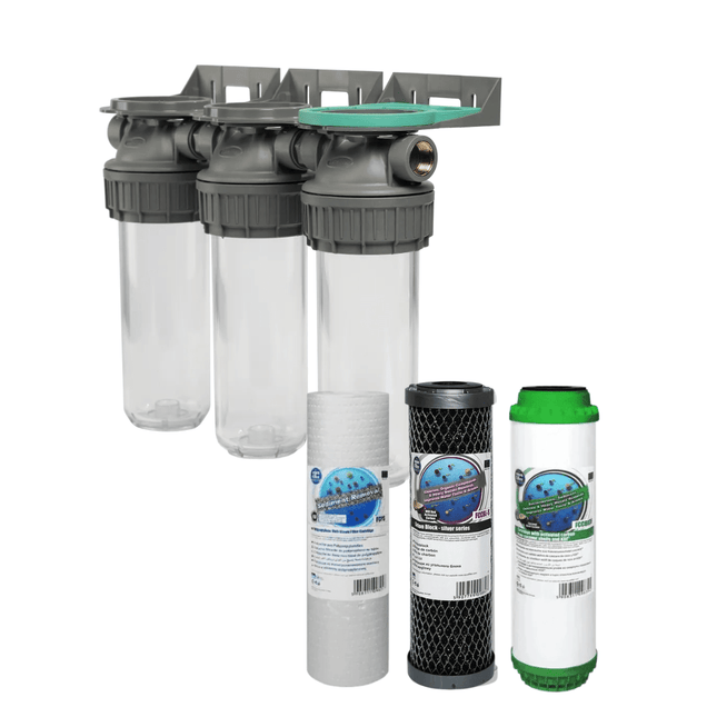 3 Stage 10" Water purifier and dechlorinator filter kit 3/4" Ports - GroAqua