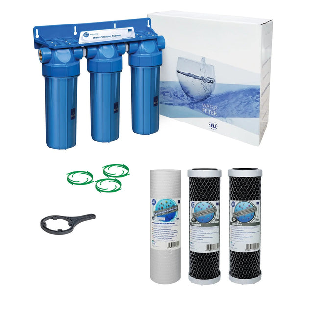 3 Stage 10" Water purifier and dechlorinator filter kit 3/4" Ports - GroAqua