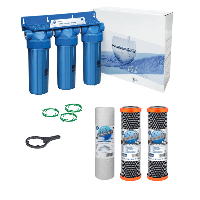 3 Stage 10" Water purifier and dechlorinator filter kit 3/4" Ports - GroAqua