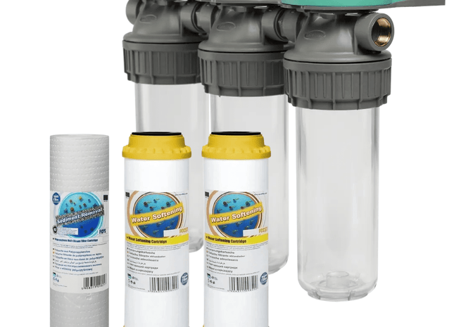 3 Stage 10" Water purifier and softening filter kit 1/2" Ports - GroAqua
