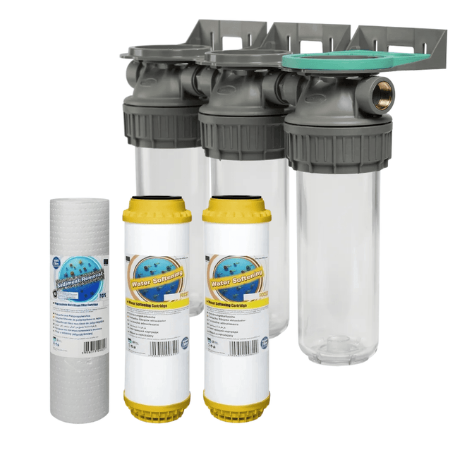3 Stage 10" Water purifier and softening filter kit 1/2" Ports - GroAqua