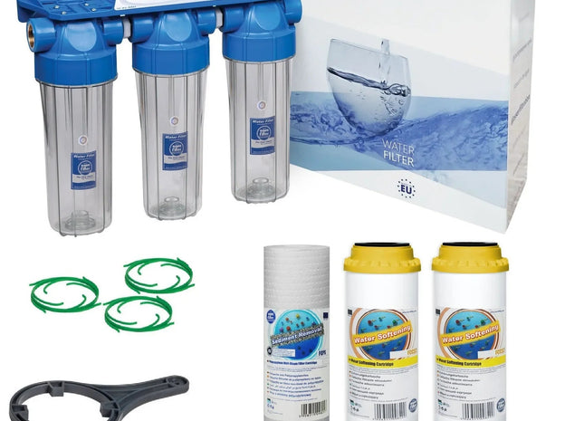 3 Stage 10" Water purifier and softening filter kit 3/4" Ports - GroAqua