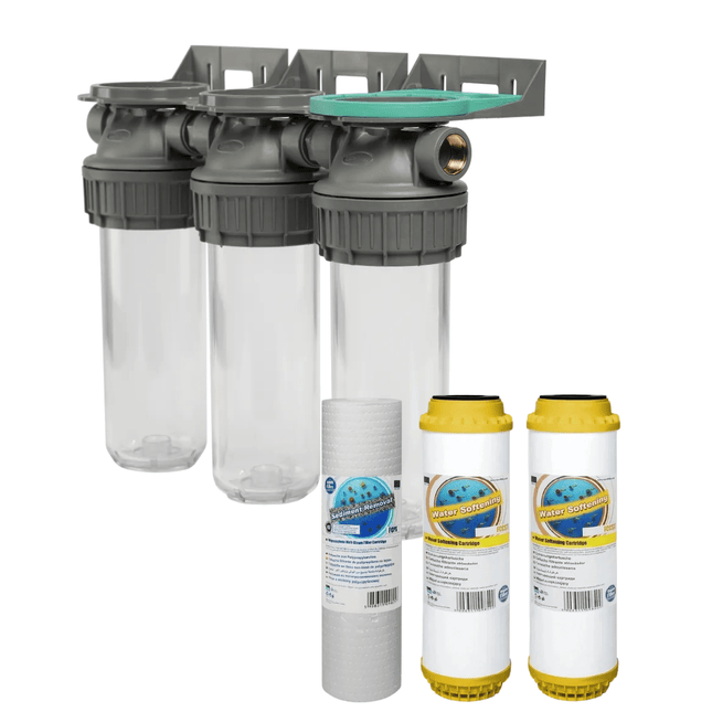 3 Stage 10" Water purifier and softening filter kit 3/4" Ports - GroAqua