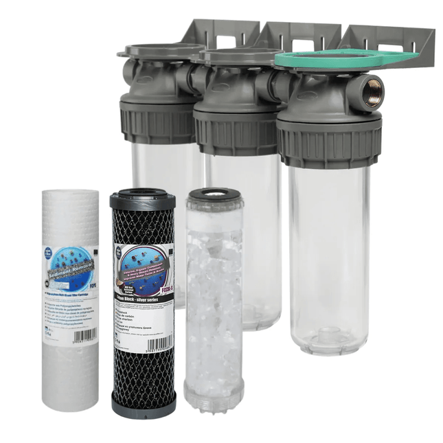 3 Stage 10" Water purifier dechlorinator and anti-scale filter kit 1/2" Ports - GroAqua