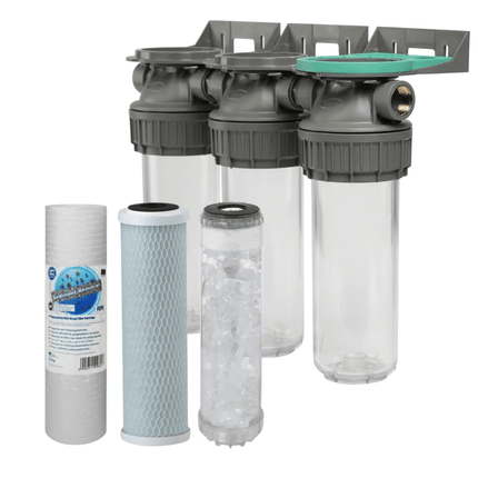 3 Stage 10" Water purifier dechlorinator and anti - scale filter kit 1/2" Ports - GroAqua
