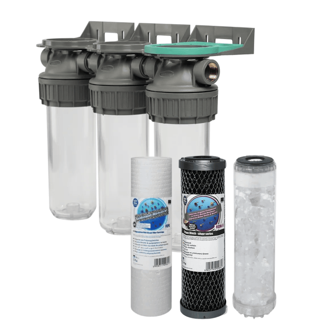 3 Stage 10" Water purifier dechlorinator and anti-scale filter kit 3/4" Ports - GroAqua