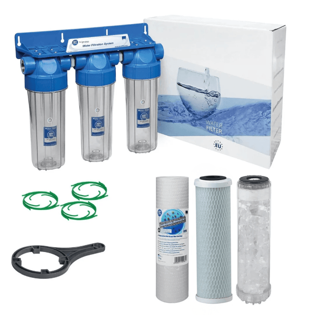 3 Stage 10" Water purifier dechlorinator and anti - scale filter kit 3/4" Ports - GroAqua