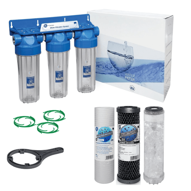 3 Stage 10" Water purifier dechlorinator and anti - scale filter kit 3/4" Ports - GroAqua