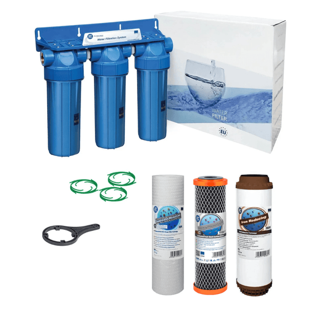 3 Stage 10" Water purifier dechlorinator and iron reducing filter kit 1/2" - GroAqua