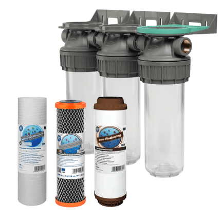 3 Stage 10" Water purifier dechlorinator and iron reducing filter kit 1/2" Ports - GroAqua