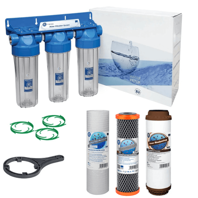 3 Stage 10" Water purifier dechlorinator and iron reducing filter kit 1/2" Ports - GroAqua