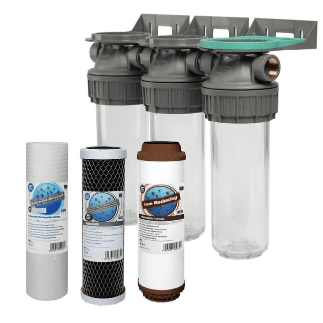 3 Stage 10" Water purifier dechlorinator and iron reducing filter kit 1/2" Ports - GroAqua