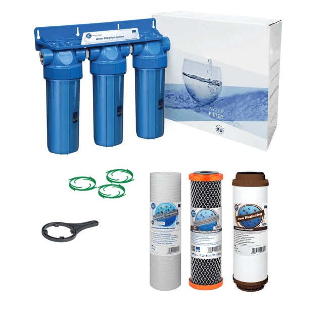 3 Stage 10" Water purifier dechlorinator and iron reducing filter kit 3/4" - GroAqua