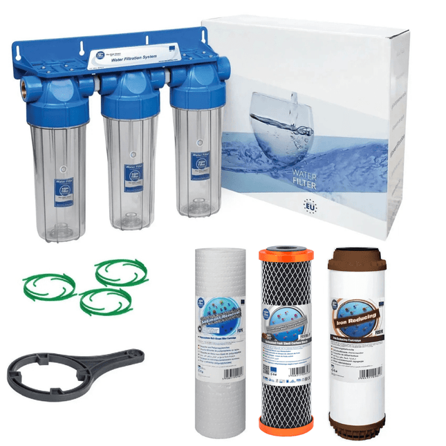 3 Stage 10" Water purifier dechlorinator and iron reducing filter kit 3/4" Ports - GroAqua