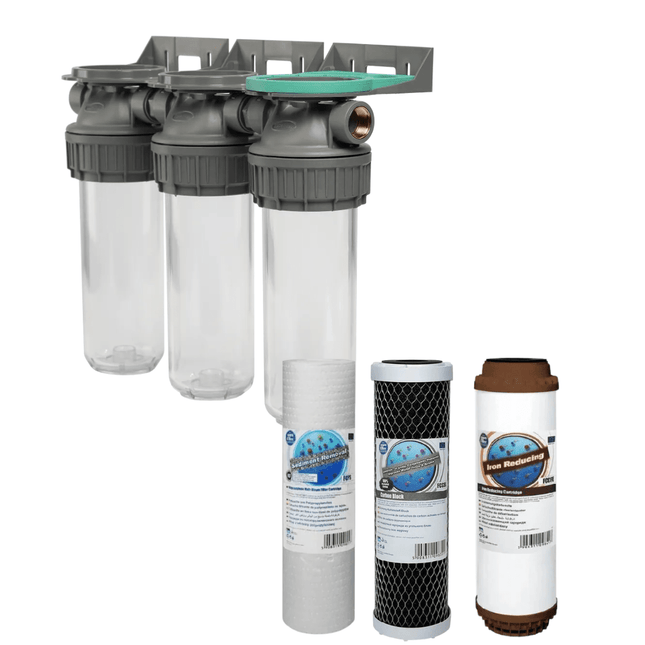 3 Stage 10" Water purifier dechlorinator and iron reducing filter kit 3/4" Ports - GroAqua