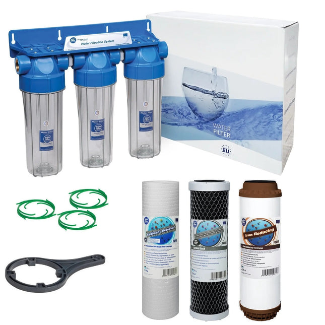 3 Stage 10" Water purifier dechlorinator and iron reducing filter kit 3/4" Ports - GroAqua