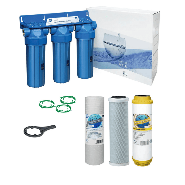 3 Stage 10" Water purifier dechlorinator and softening filter kit 1/2" - GroAqua