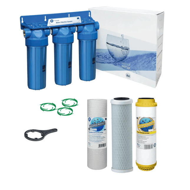 3 Stage 10" Water purifier dechlorinator and softening filter kit 3/4" - GroAqua