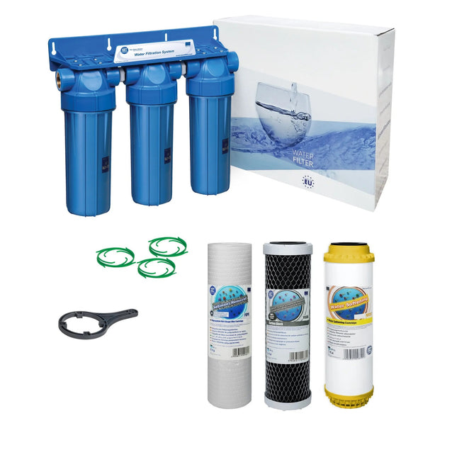 3 Stage 10" Water purifier dechlorinator and softening filter kit 3/4" - GroAqua