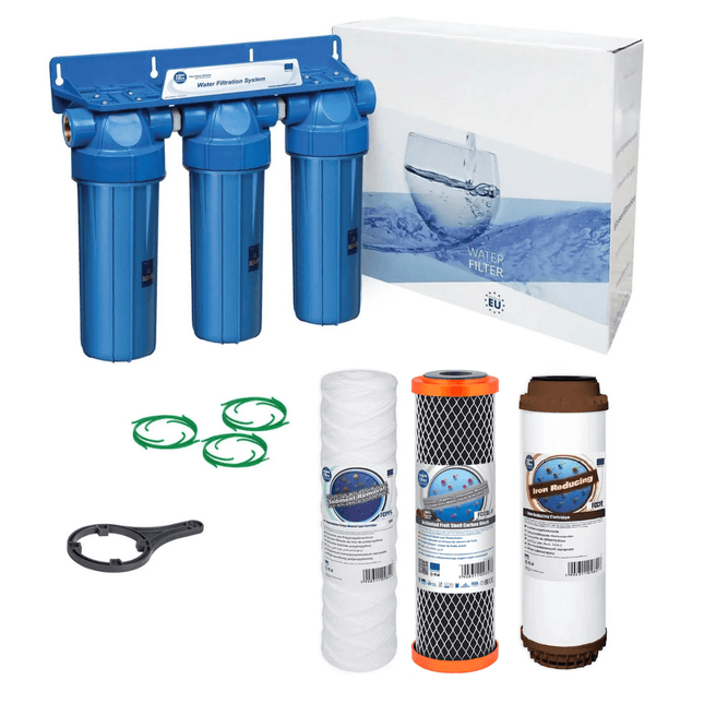3 Stage 10" Water purifier dechlorinator iron reducing filter kit 3/4" - GroAqua