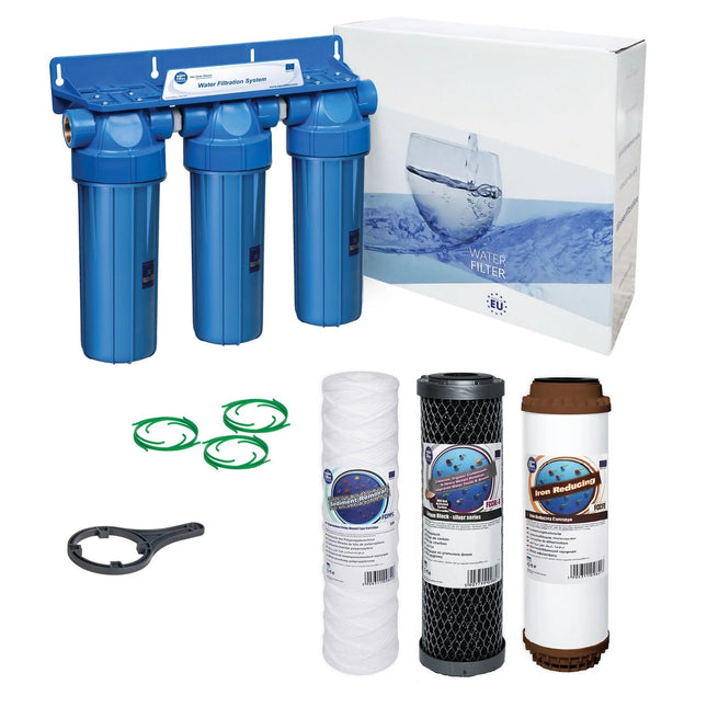 3 Stage 10" Water purifier dechlorinator iron reducing filter kit 3/4" - GroAqua