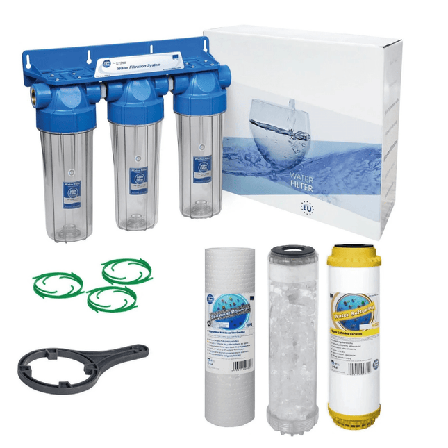 3 Stage 10" Water purifier softening and anti - scale filter kit 3/4" - GroAqua